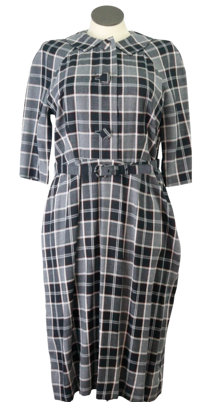 1950s Blk/Gry/Orange Plaid Pan Collar Dress      w36