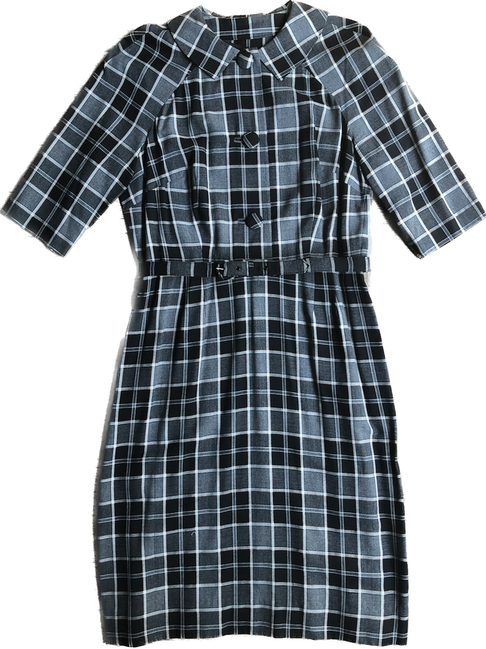1950s Blk/Gry/Orange Plaid Pan Collar Dress      w36