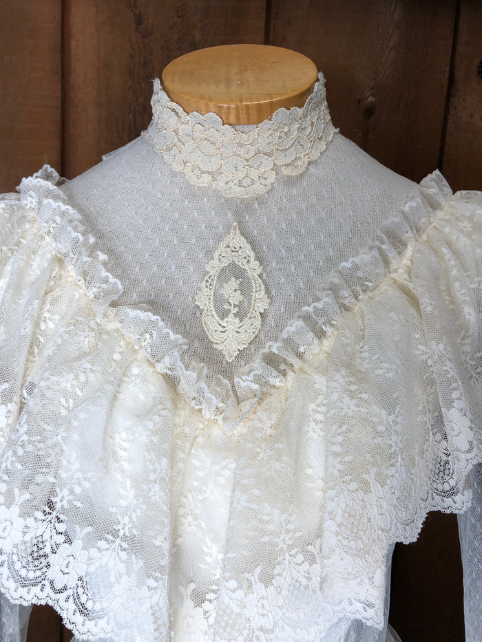 70s Swiss Dot & Lace Wedding Gown     W28