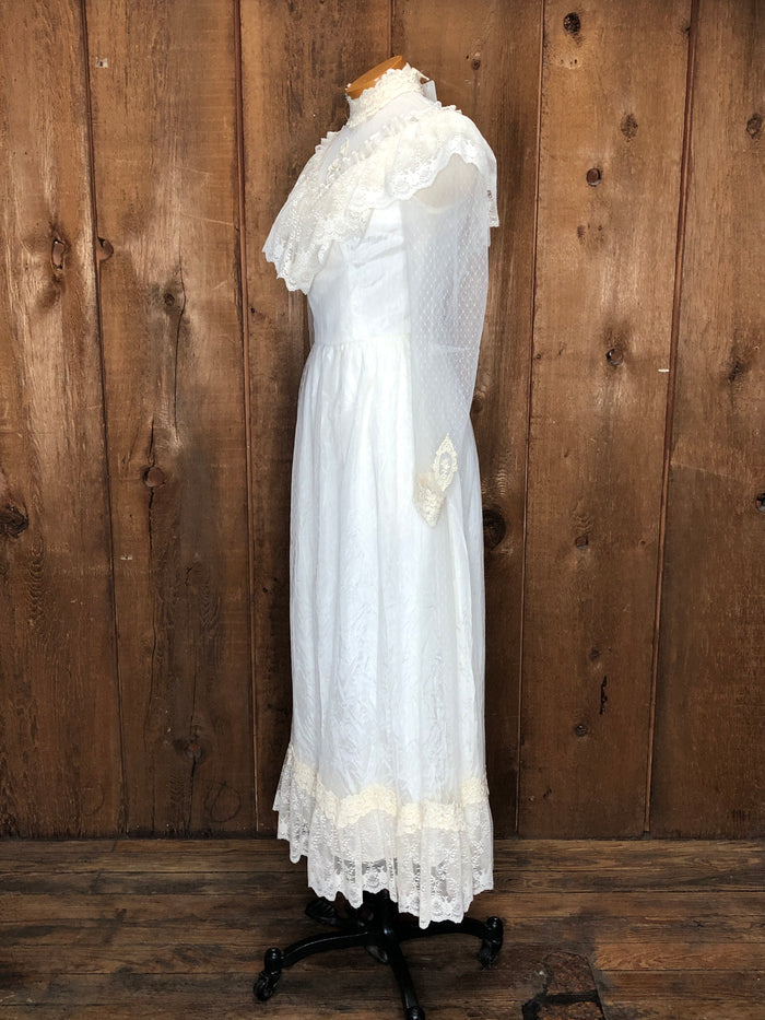 70s Swiss Dot & Lace Wedding Gown     W28