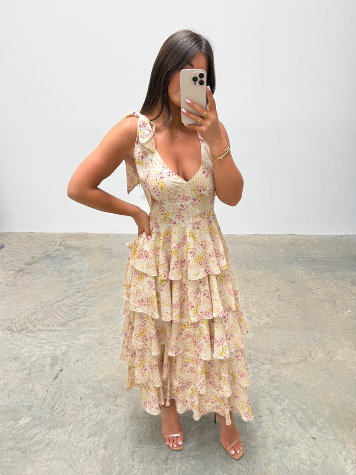 Katharina is 5'9" & Wears Size UK 8|Fiore Tie Ruffle Midaxi Dress - Ditsy Floral