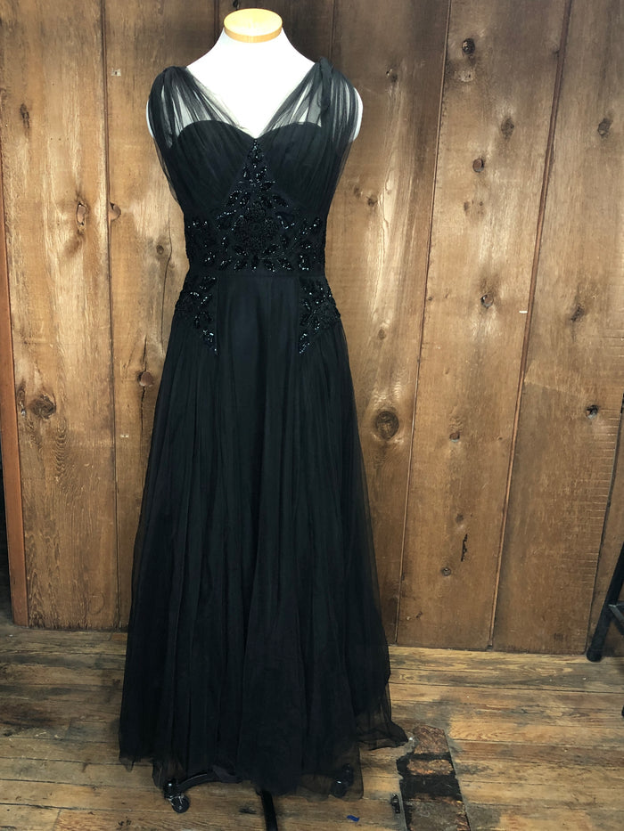 80s Handmade Blk Organza Gown    W29