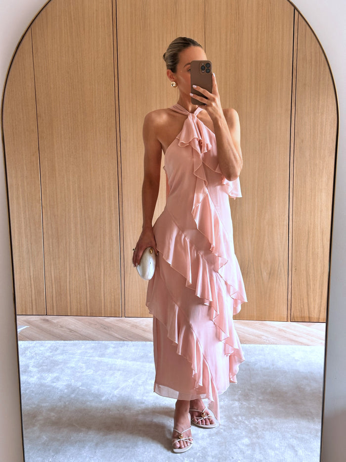 Lana is 5'9" & Wears Size UK 8|Aria Halterneck Ruffle Midaxi Dress - Dusty Rose