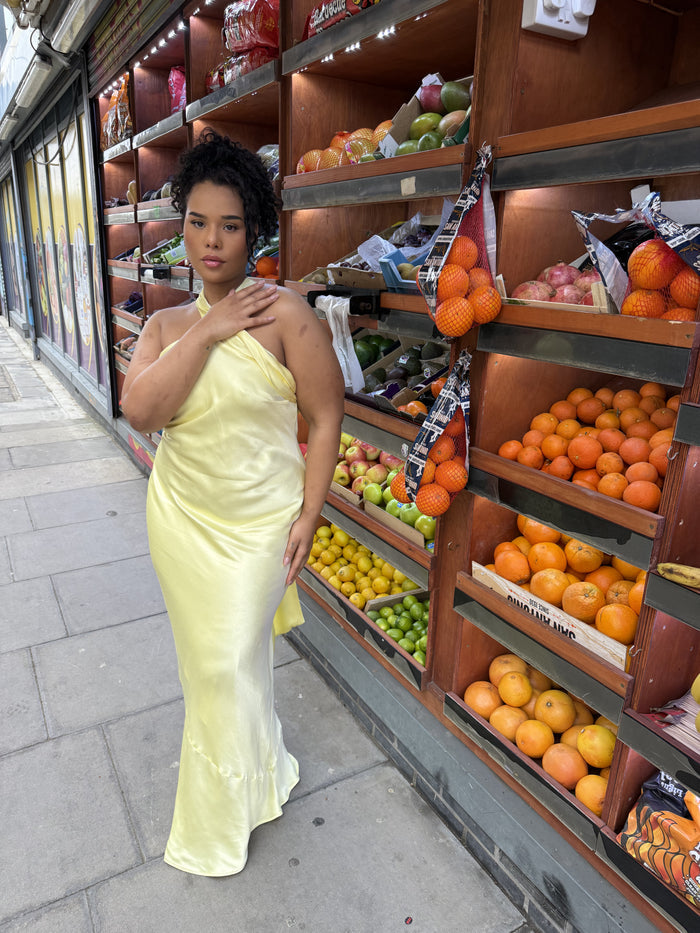 Roma Dress in Lemonade Yellow Satin