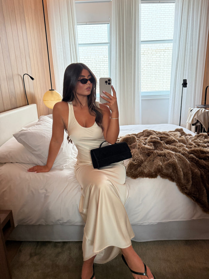 Candy Is 5'6" & Wears Size UK 8|Breya Sleeveless Slip Maxi Dress - Oyster