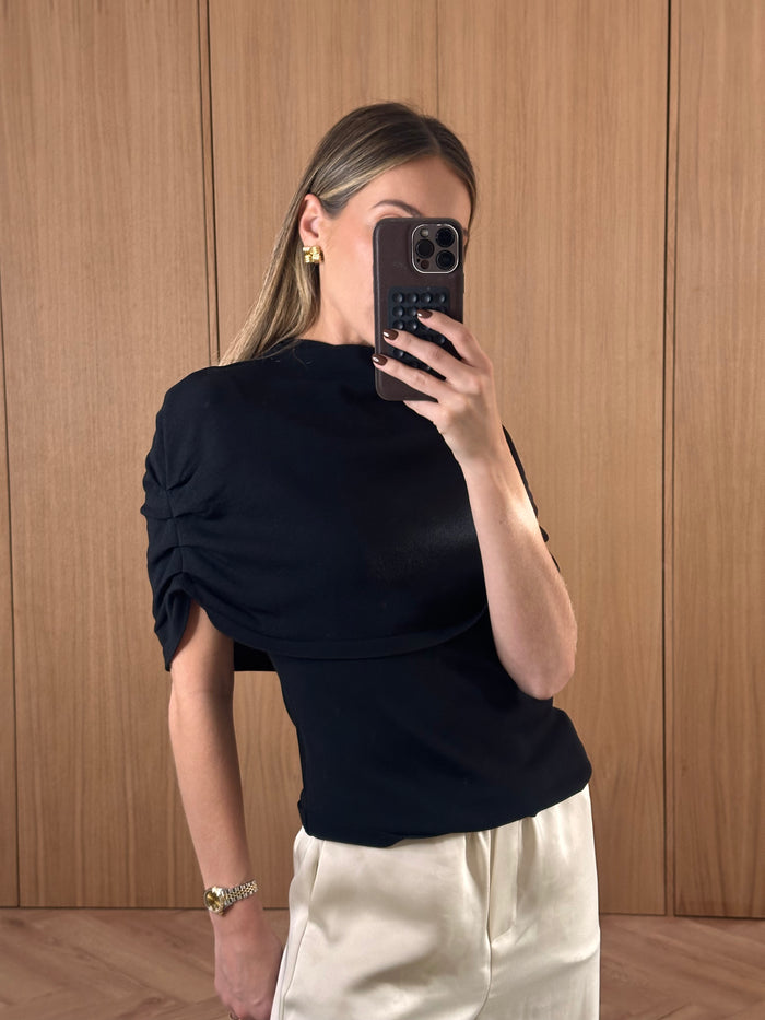Veronica is 5'8" & Wears Size UK XS|Adhara Knitted Poncho Top - Black