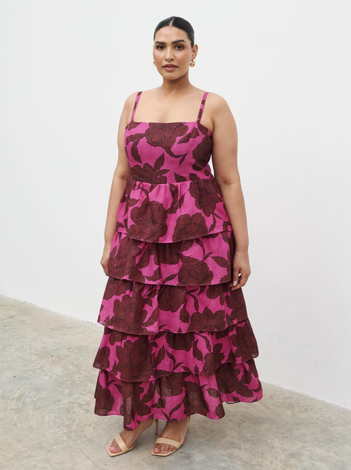 Souki Is 5'8" & Wears Size UK 18|Aalyiah Square Neck Ruffle Midaxi Dress Curve - Brown and Fuchsia Floral