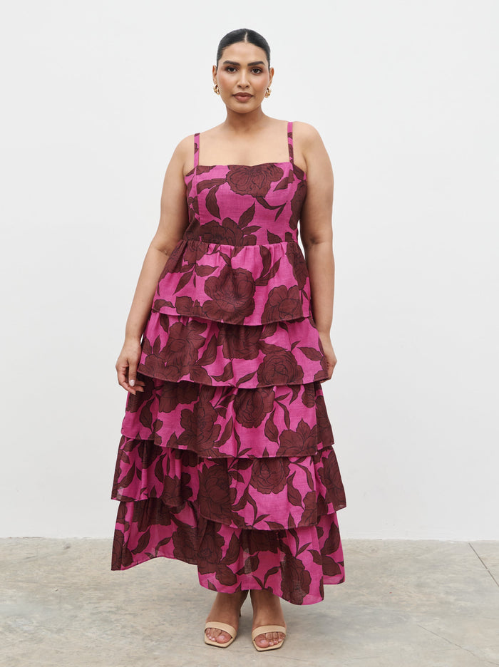 Souki Is 5'8" & Wears Size UK 18|Aalyiah Square Neck Ruffle Midaxi Dress Curve - Brown and Fuchsia Floral
