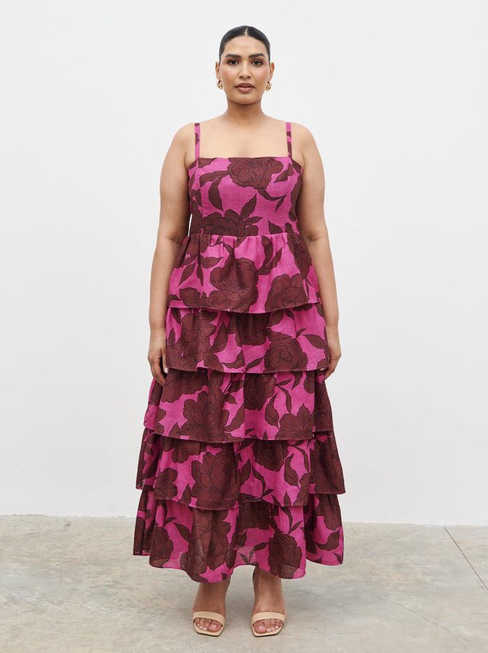 Souki Is 5'8" & Wears Size UK 18|Aalyiah Square Neck Ruffle Midaxi Dress Curve - Brown and Fuchsia Floral