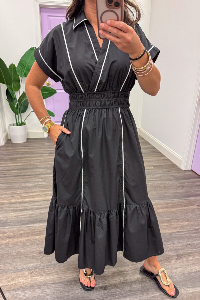 black with white trim short sleeve collared v neckline midi dress