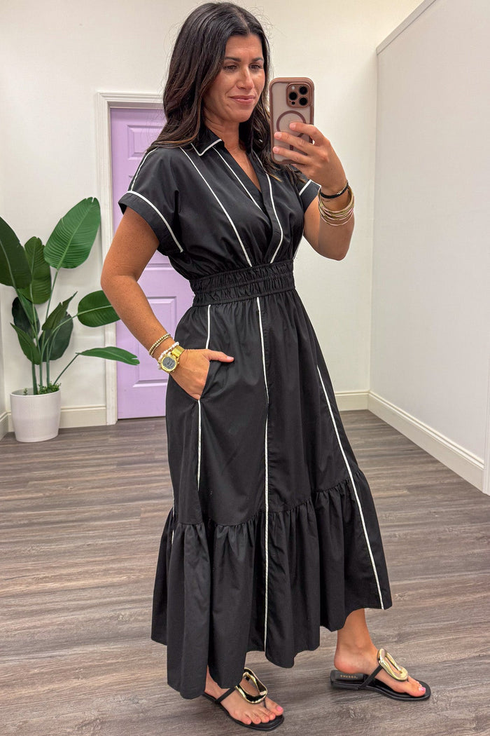 black with white trim short sleeve v neckline midi dress with side pockets
