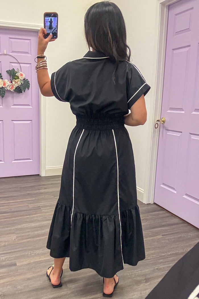 black with white trim short sleeve v neckline tiered ruffle hem midi dress