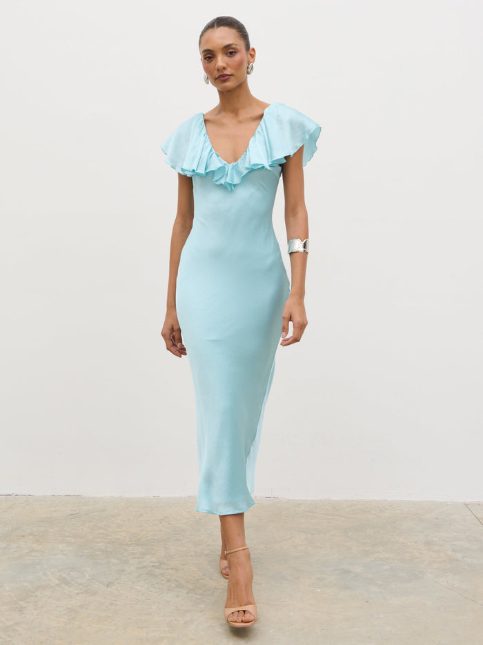Lana is 5'9.5" & Wears Size UK 8|Adina Midaxi Dress - Seaspray Blue