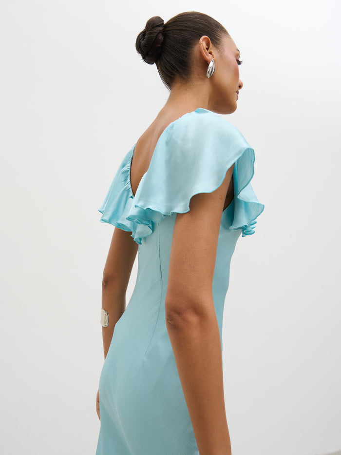 Lana is 5'9.5" & Wears Size UK 8|Adina Midaxi Dress - Seaspray Blue