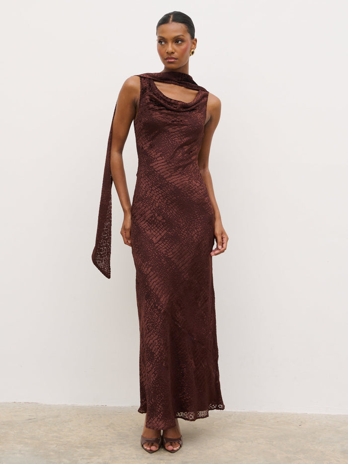 Montanna is 5'7" & Wears Size UK 6|Ainsley Cowl Devore Neck Maxi Slip - Brown