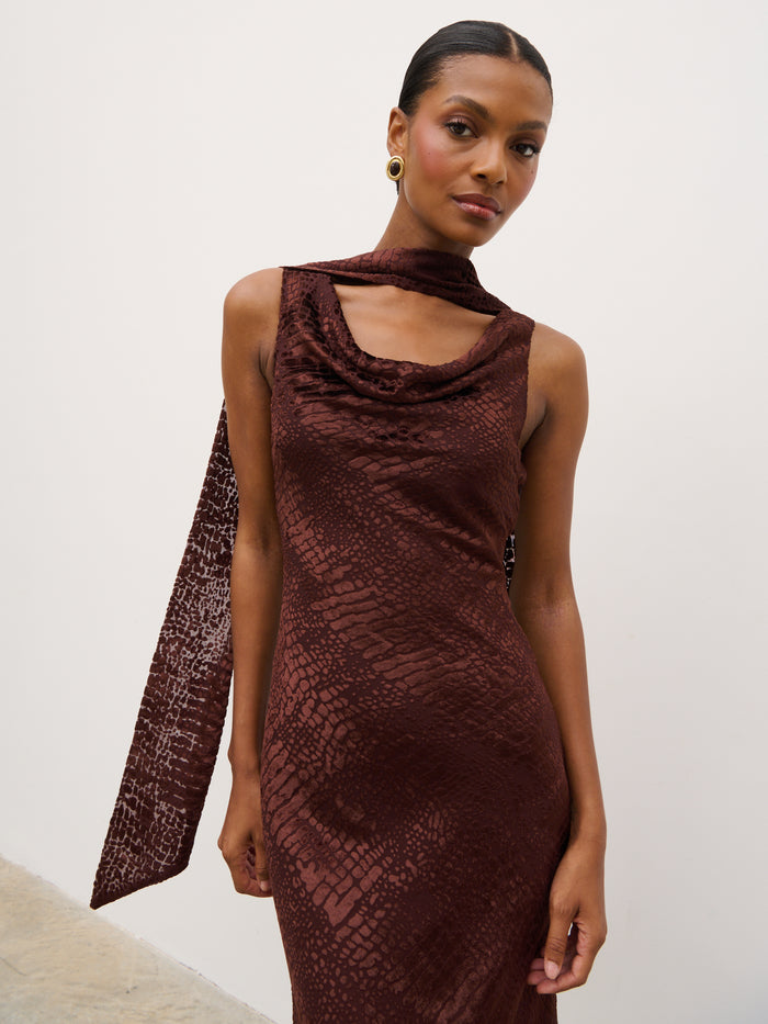 Montanna is 5'7" & Wears Size UK 6|Ainsley Cowl Devore Neck Maxi Slip - Brown