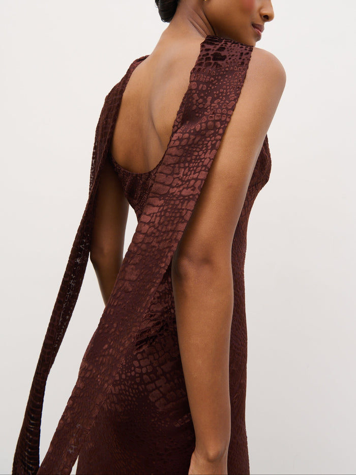 Montanna is 5'7" & Wears Size UK 6|Ainsley Cowl Devore Neck Maxi Slip - Brown