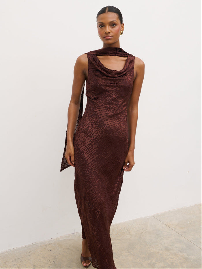 Montanna is 5'7" & Wears Size UK 6|Ainsley Cowl Devore Neck Maxi Slip - Brown