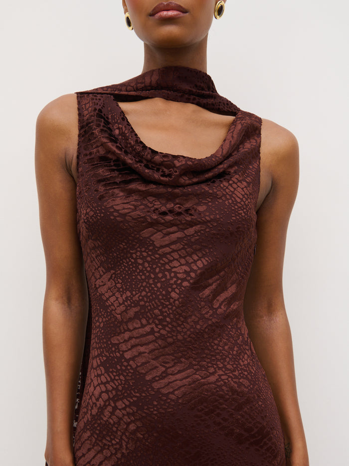Montanna is 5'7" & Wears Size UK 6|Ainsley Cowl Devore Neck Maxi Slip - Brown