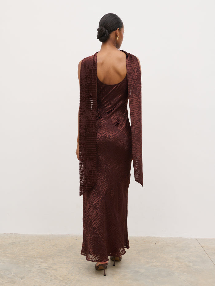 Montanna is 5'7" & Wears Size UK 6|Ainsley Cowl Devore Neck Maxi Slip - Brown