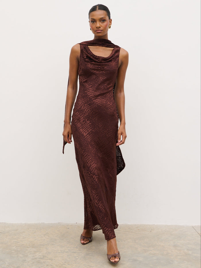 Montanna is 5'7" & Wears Size UK 6|Ainsley Cowl Devore Neck Maxi Slip - Brown