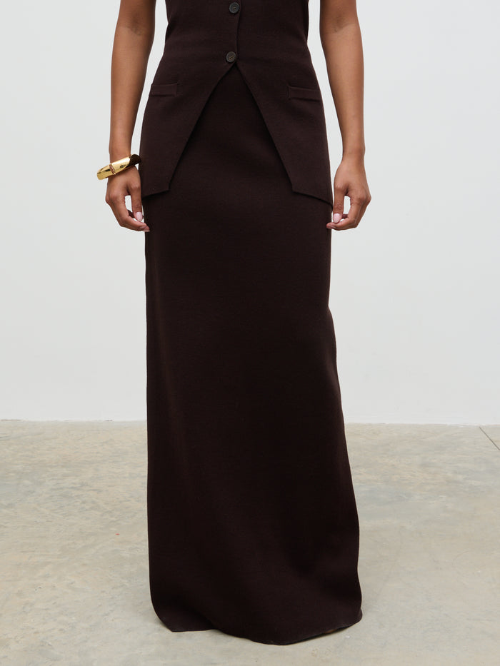 Elle Is 5'3" & Wears Size UK XS|Alba Knit Maxi Skirt - Chocolate