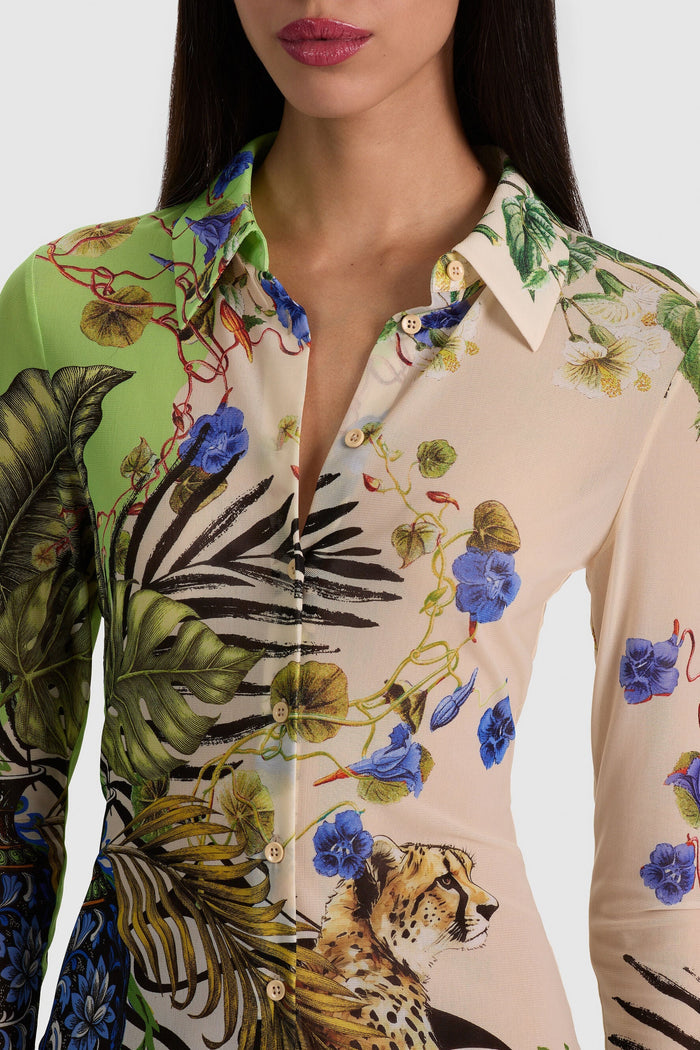 Alice + Olivia Jade Mesh Button-Down Riviera Citrus