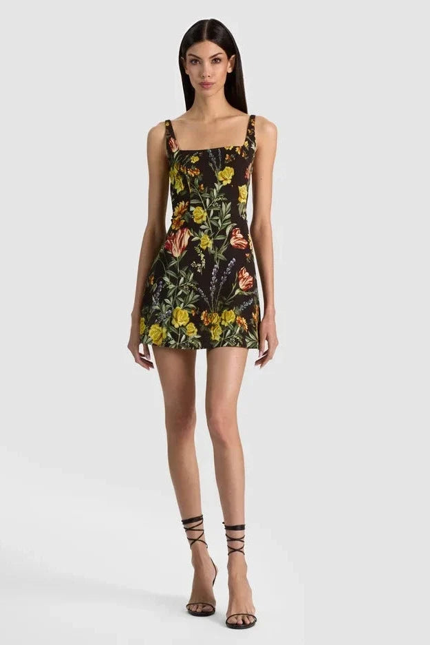 Alice + Olivia Julia Scoop Neck Mini Dress Desert Sprigs Black