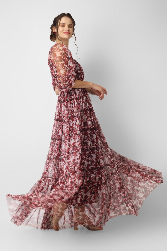 Alicia Tulle Maxi in Burgundy Print
