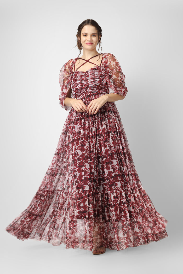 Alicia Tulle Maxi in Burgundy Print