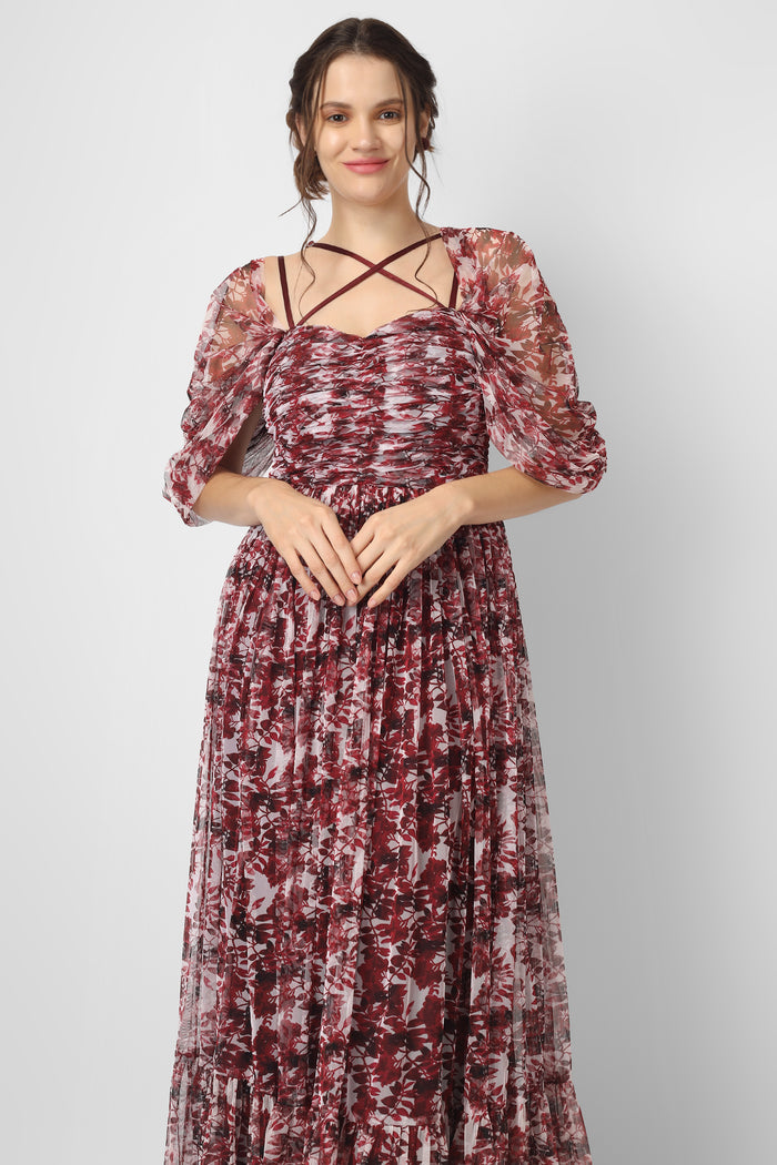Alicia Tulle Maxi in Burgundy Print