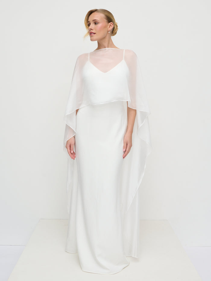 Harriet is 5'8" & Wears Size UK XS-S|Almada Draped Organza Cape - Ivory