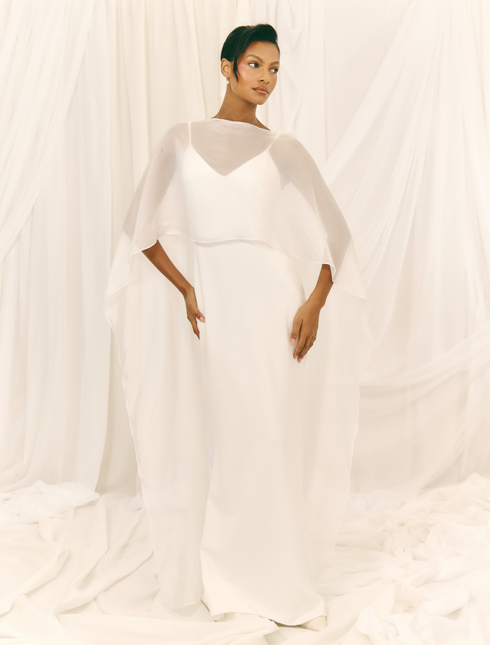 Harriet is 5'8" & Wears Size UK XS-S|Almada Draped Organza Cape - Ivory