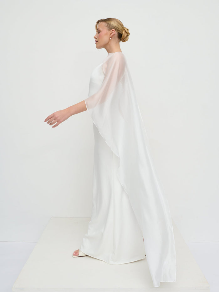 Harriet is 5'8" & Wears Size UK XS-S|Almada Draped Organza Cape - Ivory