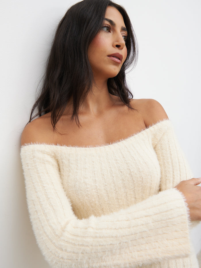 Lygia Is 5'9" & Wears Size UK S|Alora Fluffy Knit Midaxi Dress - Cream