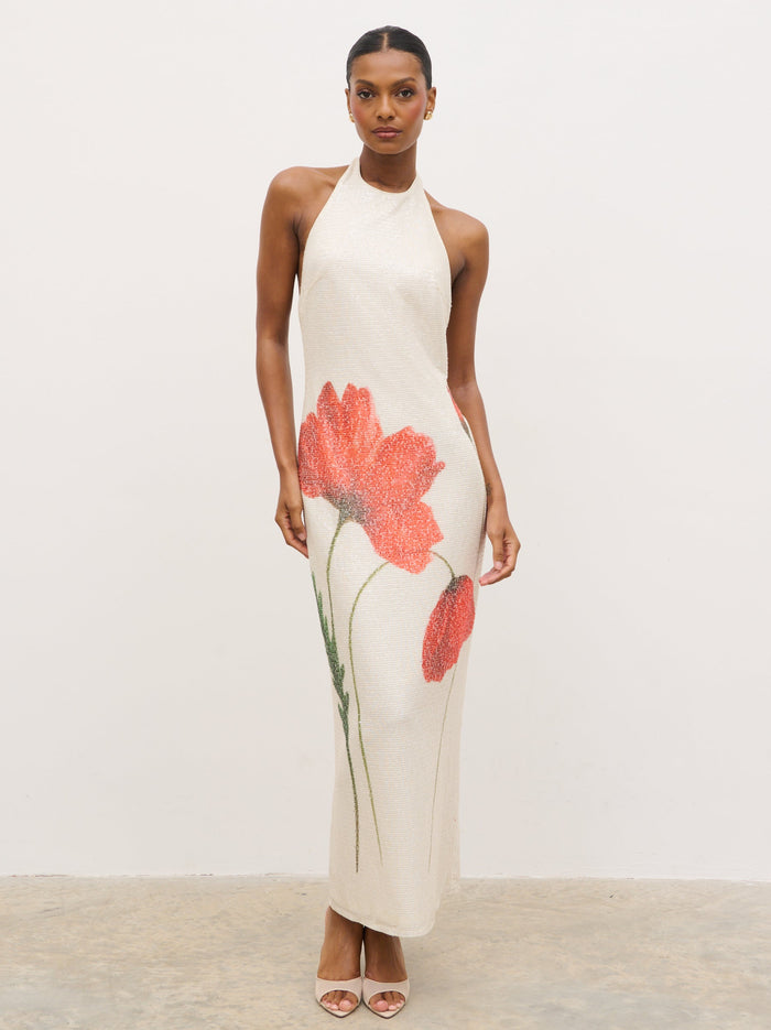 Montanna is 5'7" & Wears Size UK 6|Alora Racer Sequin Maxi Dress - Largescale Poppy Petal Red