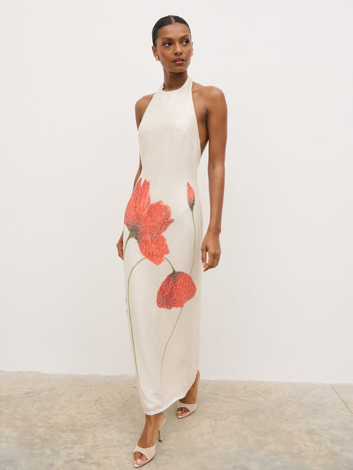 Montanna is 5'7" & Wears Size UK 6|Alora Racer Sequin Maxi Dress - Largescale Poppy Petal Red