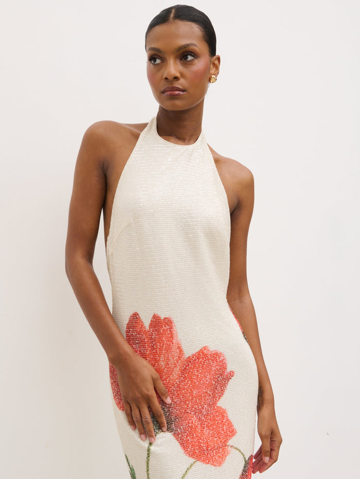 Montanna is 5'7" & Wears Size UK 6|Alora Racer Sequin Maxi Dress - Largescale Poppy Petal Red