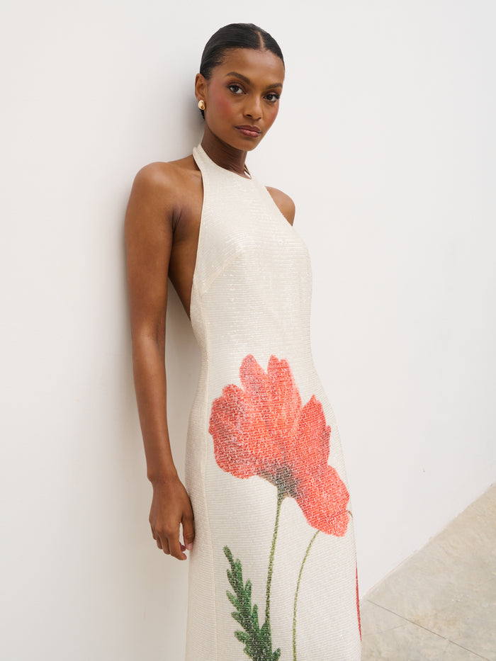 Montanna is 5'7" & Wears Size UK 6|Alora Racer Sequin Maxi Dress - Largescale Poppy Petal Red