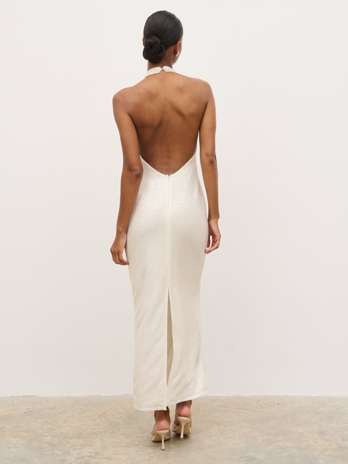 Montanna is 5'7" & Wears Size UK 6|Alora Racer Sequin Maxi Dress - Largescale Poppy Petal Red