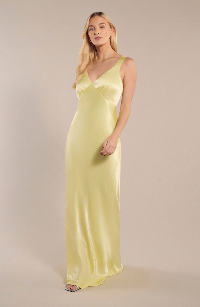 Amelia Dress in Lemonade Yellow Satin — Bias-Cut Maxi Bridesmaid Dress