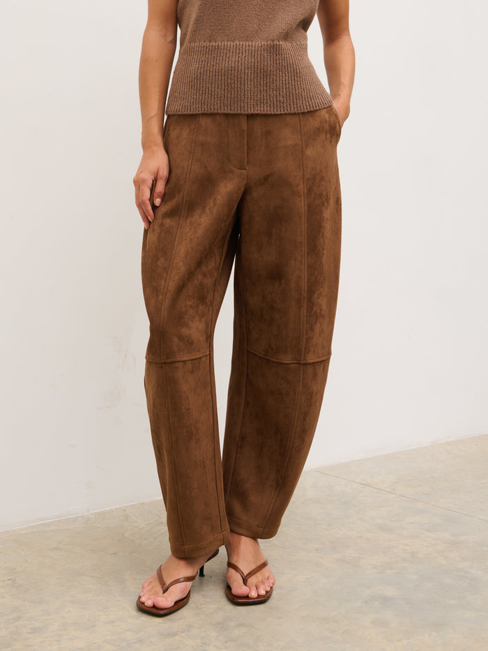 Anna is 5'6" & Wears Size UK 6|Ami Barrel Leg Suede Trousers - Tan Brown