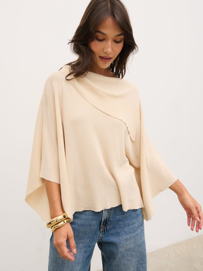 Anna is 5'6" & Wears Size UK XS-S|Amina Draped Knit Top - Beige