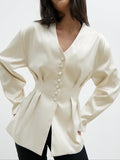 Veronica is 5'8" & Wears Size UK 6|Amora Collarless Bonded Satin Jacket - Oyster