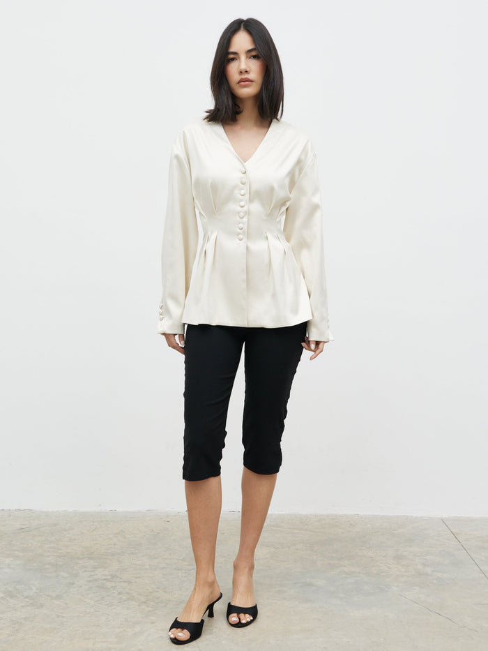 Veronica is 5'8" & Wears Size UK 6|Amora Collarless Bonded Satin Jacket - Oyster