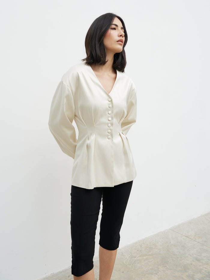 Veronica is 5'8" & Wears Size UK 6|Amora Collarless Bonded Satin Jacket - Oyster