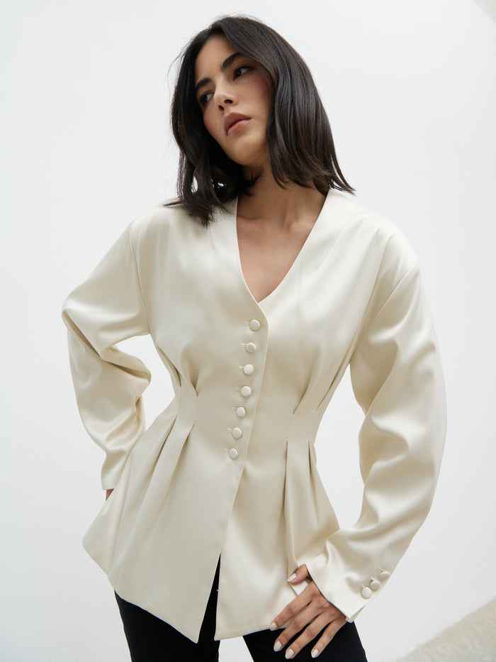 Veronica is 5'8" & Wears Size UK 6|Amora Collarless Bonded Satin Jacket - Oyster