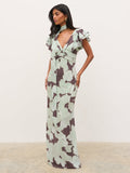 Kavita is 5'7" & Wears Size UK 6|Andi V-Neck Frill Maxi Dress - Mint Watercolour Floral