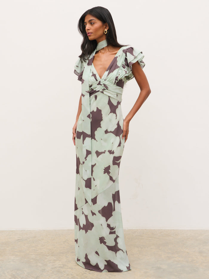 Kavita is 5'7" & Wears Size UK 6|Andi V-Neck Frill Maxi Dress - Mint Watercolour Floral