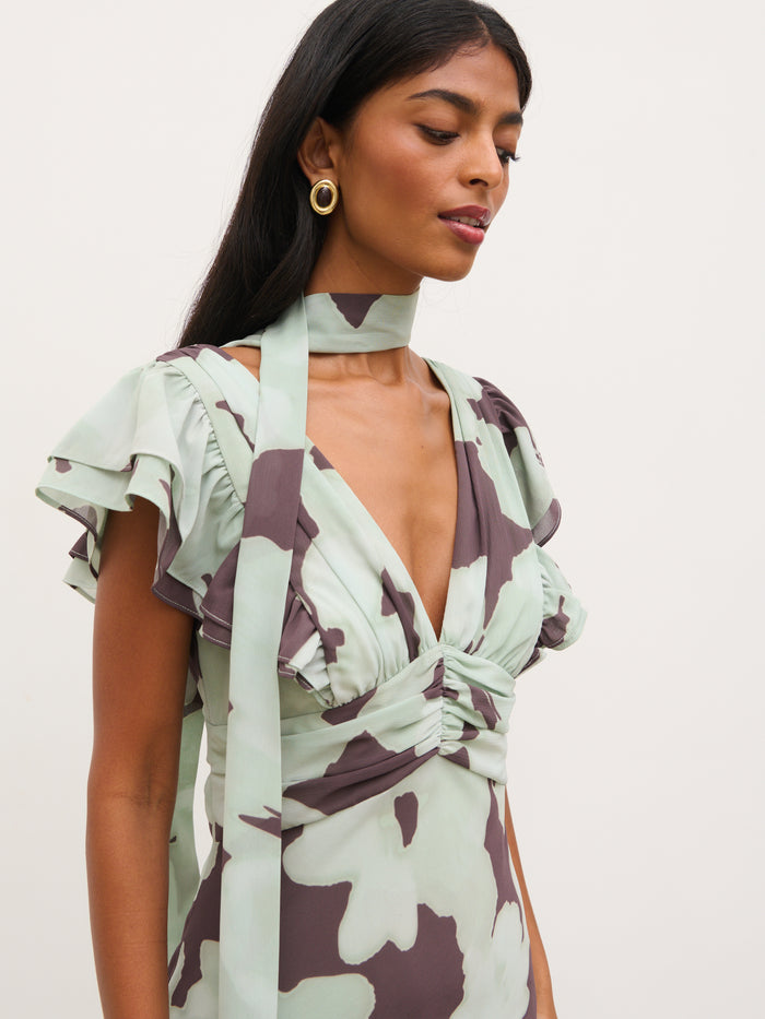 Kavita is 5'7" & Wears Size UK 6|Andi V-Neck Frill Maxi Dress - Mint Watercolour Floral